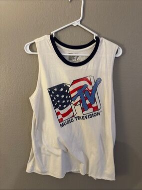 MTV White Tank with Red, Blue & Navy Flag Logo. Size L